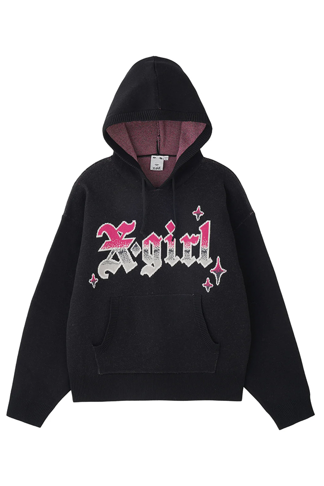 X-girl エックスガール / X-girl エックスガール 105244015009 GRADIENT LOGO JACQUARD KNIT  HOODIE ニットパーカー BLACK 正規通販 レディース /モロトフカクテル ヒステリックグラマー 正規通販