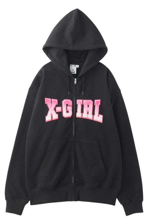 X-girl エックスガール 105244012030 FAUX FUR LOGO ZIP UP SWEAT HOODIE ジップパーカー BLACK 正規通販 レディース