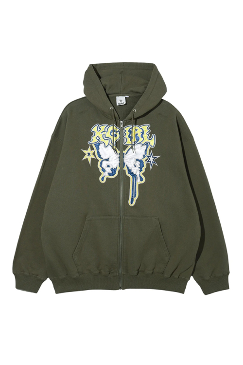 X-girl エックスガール 105243012003 BUTTERFLY ZIP UP HOODIE ジップパーカー OLIVE 正規通販 レディース