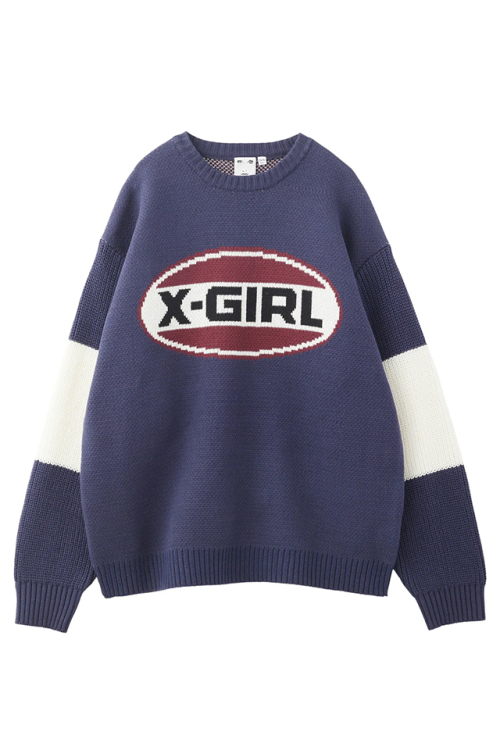 X-girl エックスガール 105244015005 BICOLOR OVAL LOGO JACQUARD KNIT TOP ジャガードニット NAVY 正規通販 レディース