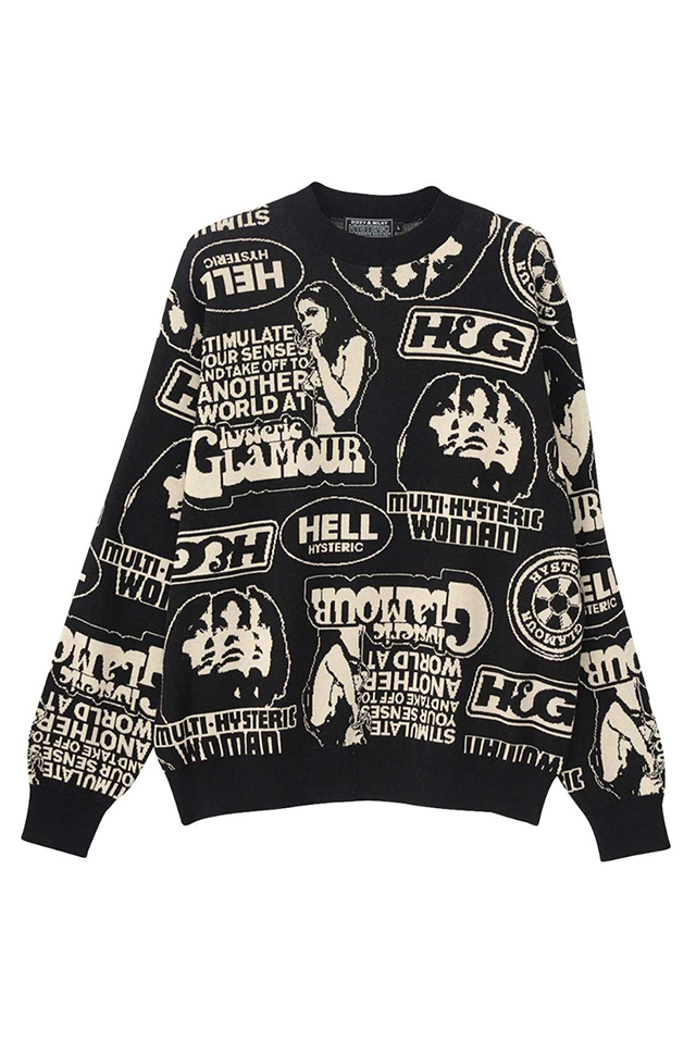 HYSTERIC GLAMOUR ヒステリックグラマー 02243NS13 SUPER HYS柄ジャカード セーター BLACK 正規通販 メンズ