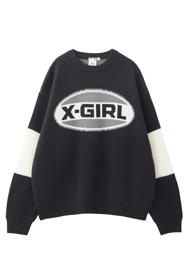 X-girl エックスガール 105244015005 BICOLOR OVAL LOGO JACQUARD KNIT TOP ジャガードニット BLACK 正規通販 レディース