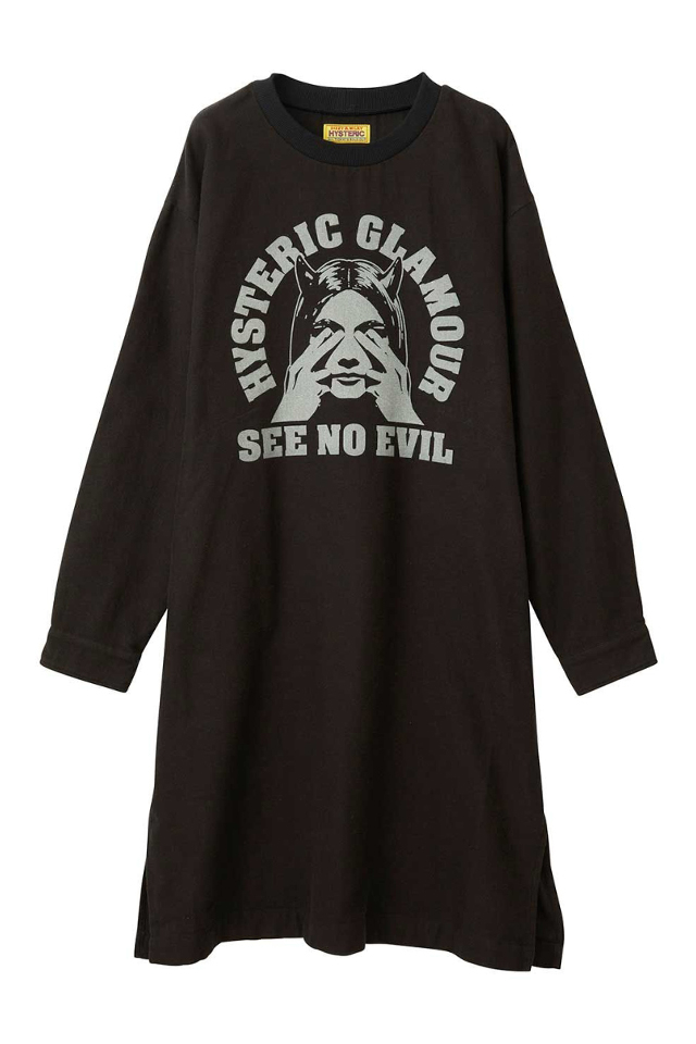 HYSTERIC GLAMOUR ヒステリックグラマー 01243AO03 SEE NO EVIL プルオーバーワンピース BLACK 正規通販 レディース