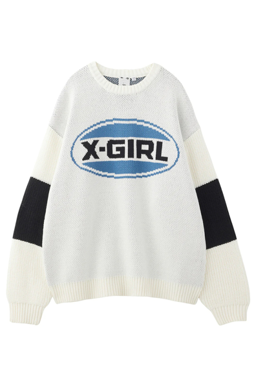 X-girl エックスガール 105244015005 BICOLOR OVAL LOGO JACQUARD KNIT TOP ジャガードニット WHITE 正規通販 レディース