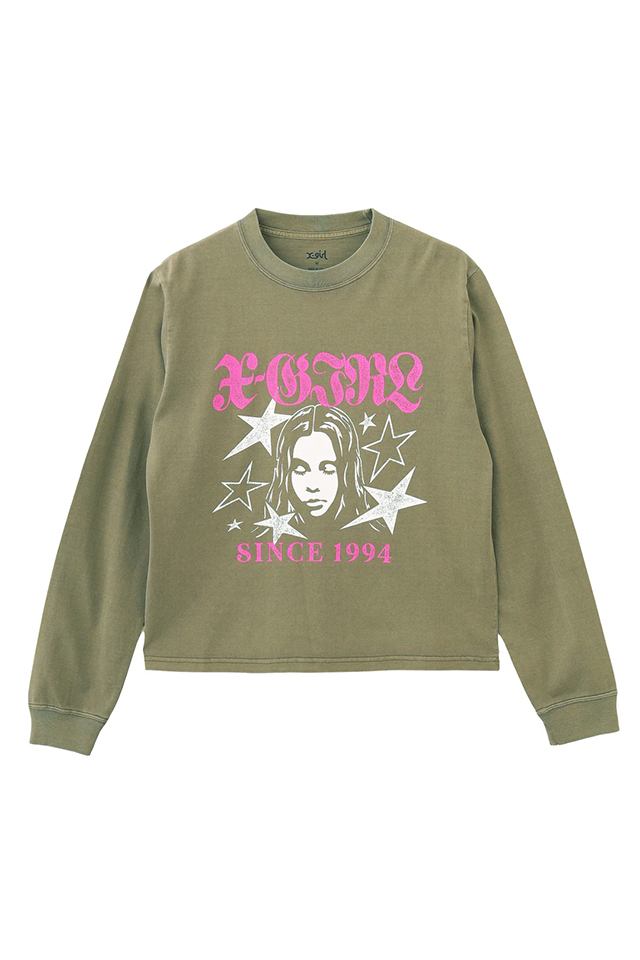 X-girl エックスガール 105251011007 STAR AND FACE LOGO FADED L/S TEE Tシャツ OLIVE 正規通販 レディース